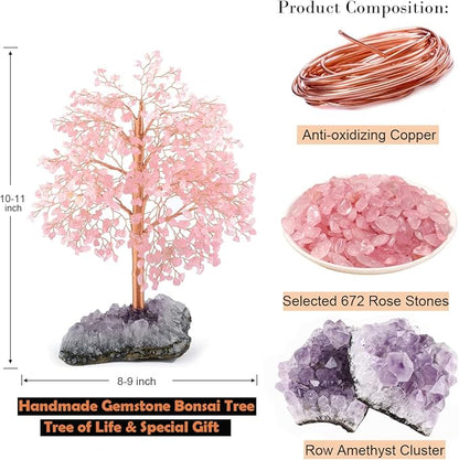 Rose Quartz Tree Gemstone Crystal Tree of Life,Amethyst Cluster Base,Healing Pink Crystal Chakra Balancing Positive Energy,Table Bonsai Feng Shui Decor Money Tree 10"-11"