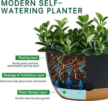 8/10/12 Inch Pots for Indoor Plants, Large Self Watering Planters with Drainage and Saucers, Plastic Outdoor Flower Pot, Set of 3, Grey