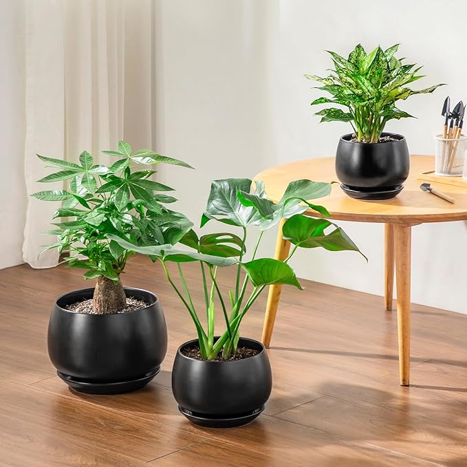 vancasso 3-Pack Ceramic Plant Pots, 7.3/9.6/11.6 Inch Indoor Planters with Saucers & Drainage Hole Planter pots for Indoor Plants and Flower, Black