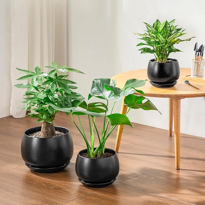 vancasso 3-Pack Ceramic Plant Pots, 7.3/9.6/11.6 Inch Indoor Planters with Saucers & Drainage Hole Planter pots for Indoor Plants and Flower, Black