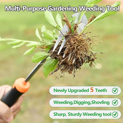 Weed Puller Tool，2025 Newly Weeder Stainless Steel Hand Weed Puller,Portable 5 Teeth Weed Remover Tool Weeding Tools for Gardening Vegetable Backyard Farm Planting & Uprooting (Rubber Handle)