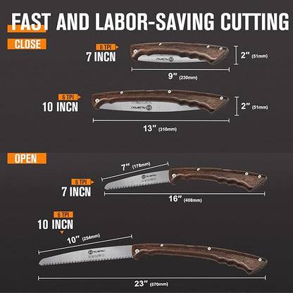 Folding Pruning Saw 7 Inch with Leather Sheath and Wenge Wooden Handle, SK5 Steel Blade, Foldable Hand Saw for Camping, Survival, Wood Cutting, Bushcraft and Tree Trimming