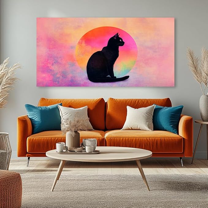 Black Cat Wall Art - Pink & Purple Sunset Landscape Painting with Silhouette Cat, Cute Retro Cartoon Cat Poster Painting Abstract Animal Wall Décor for Living Room Kid's Girls Bedroom Nursery Ready to Hang (20x40 Inches)