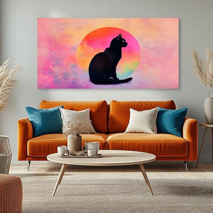 Black Cat Canvas Wall Art - Pink & Purple Sunset Landscape Painting with Silhouette Cat, Cute Retro Cartoon Cat Poster Painting Abstract Animal Wall Décor for Living Room Kid's Girls Bedroom Nursery Ready to Hang (16x32 Inches)