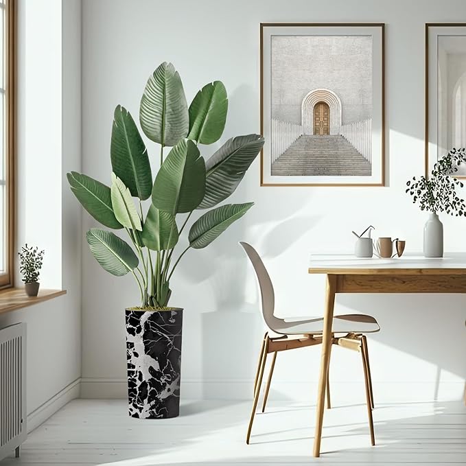 Artificial Tree in Modern Marble Effect Planter, Fake Bird of Paradise Silk Tree for Indoor and Outdoor Home Decoration - 67" Overall Tall (Plant Pot Plus Tree)