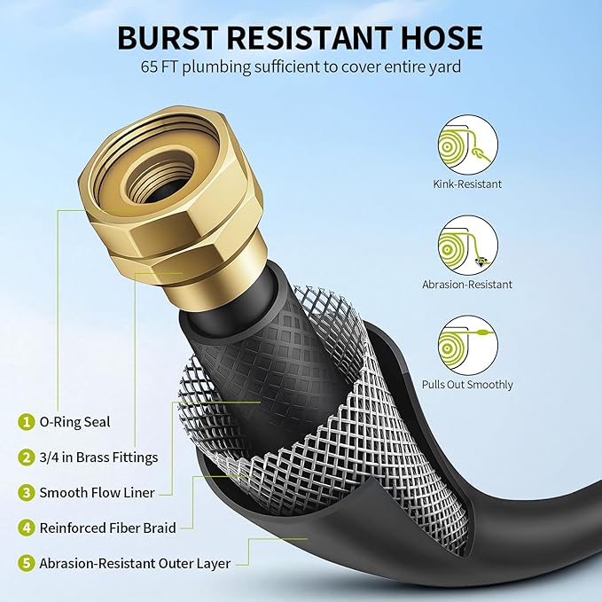 Retractable Garden Hose Reel 65ft Heavy Duty Wall Mounted Hose Holder with Automatic Rewind 180 Degree Swivel Bracket 10 Pattern Nozzle Durable PVC Hose for Yard Lawn Car Watering Cleaning