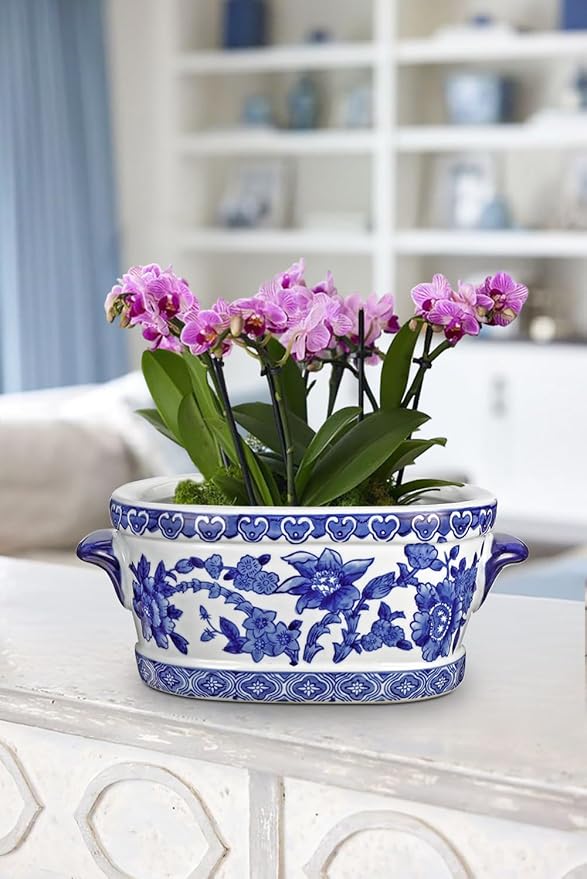 Blue and White Ceramic Planter Pot – Vintage Floral Oval Cachepot Vase for Indoor Plants, Flowers & Succulents – Glazed Chinese Porcelain Style Decorative Bowl – 7.4" Size – No Drainage