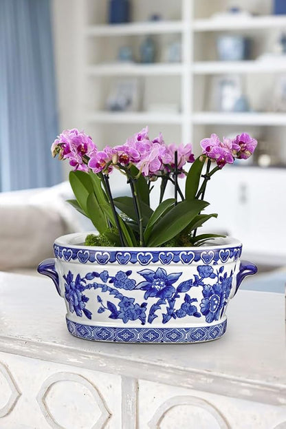 Blue and White Ceramic Planter Pot – Vintage Floral Oval Cachepot Vase for Indoor Plants, Flowers & Succulents – Glazed Chinese Porcelain Style Decorative Bowl – 7.4" Size – No Drainage