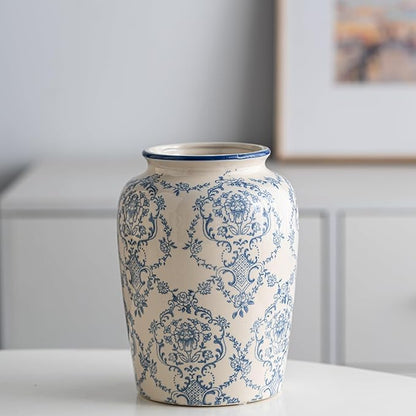 Blue and White Vase, Vintage Blue Ceramic Flower Vessel,Ceramic vases for Home Decor,Vintage Vase for Home Decor, Living Room, Shelf, Office, Rustic Table Centerpiece (Round)