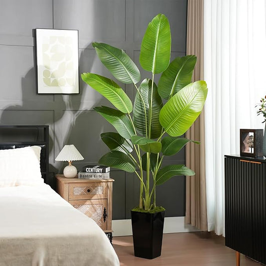 Lifelike Bird of Paradise Artificial Plant 7ft Faux Banana Leaf Tree with Black Tall Planter for Home Decor - Perfect Indoor Silk Floor Plant for Living Room, Office, and Bedroom Ambiance Enhancement