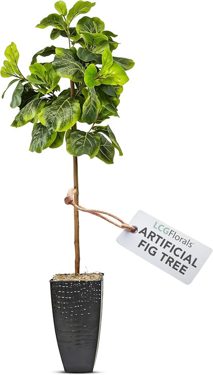 5ft Artificial Fiddle Leaf Fig Tree - Real Wood Trunk, Preassembled, No Maintenance Indoor Faux Plant in Black Metal Pot - Living Room, Home & Office Decor