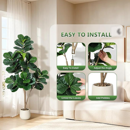 5 ft Fiddle Leaf Fig Tree Artificial with 77 Leaves - Realistic Faux Ficus Lyrata Trees in 7.8 in White Planter Pot, Indoor Fake Floor Plants for Home Office Living Room Decor, Housewarming Gift