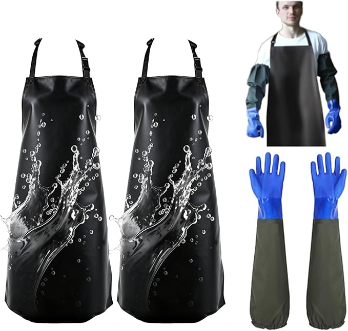 2 Pcs Waterproof Rubber Aprons (40 Inch Long) include 1 Pair 22 Inch Chemical Resistant Rubber Gloves - Adjustable Straps for BBQ, Butcher, Cooking, Kitchen, Grilling & Fishing