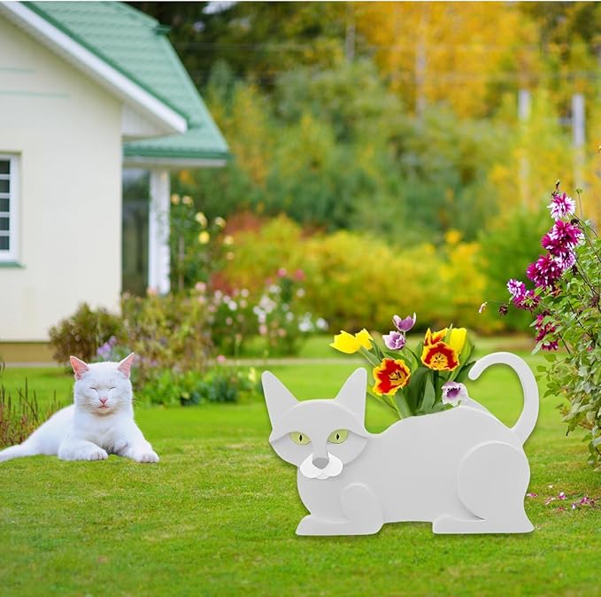 White Cat Planter Plant Pots,Cute Cat Flower Planter,Gifts for Pet Lovers,Unique Animal Plant Pots,Office,Indoor Outdoor Garden Decor12.5 * 5.6 * 7.8in