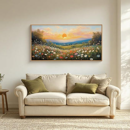 HOURIA Watercolor Sunset Floral Meadow Landscape Framed Canvas Wall Art Set,Boho Vibrant Colorful Wildflower Decor,Modern Nature Inspired Scenery Artwork for Living Room,Bedroom,Farmhouse-20 x40 x1