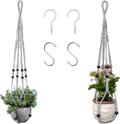 Macrame Plant Hanger for 5 to 10 Inch Plant Pots, Set of 2 Indoor Handmade 35 Inch Woven Rope Hanger Kits with Hooks and Wood Beads, Hanging Planter Basket Holder for Boho Home Decor (White, 2 Pack)