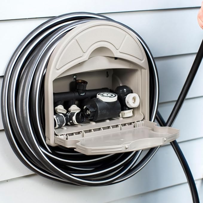 Vego Garden Hose Hanger Hangout with 115 ft of 5/8" Capacity And Enclosed Storage Compartment (Cloud Grey)