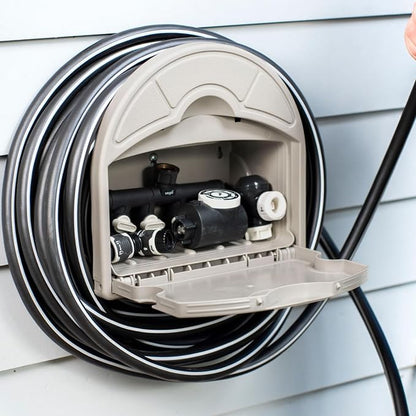 Vego Garden Hose Hanger Hangout with 115 ft of 5/8" Capacity And Enclosed Storage Compartment (Cloud Grey)