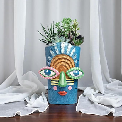 Picasso Abstract Face Flower Pot,Plant Pot with Facial Expressions,Handmade Resin Plant Pot with Drainage Holes,for Indoor and Outdoor Botanical Home décor (Blue Large)