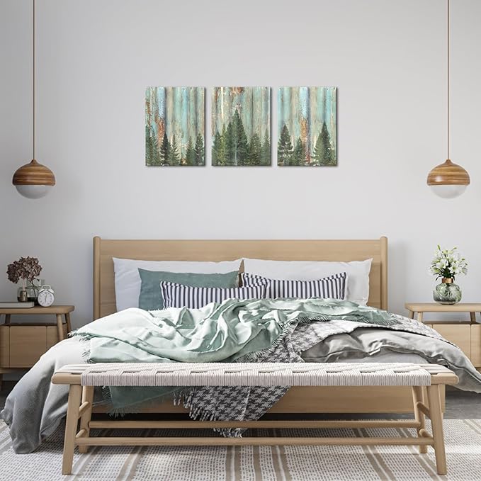 AoArtWZ 3 Pieces Forest Canvas Wall Art Vintage Fir Tree Picture Artwork Rustic Green Bathroom Painting For Home Decor Framed 12"x16"x3pcs