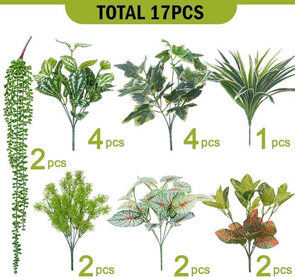 GTIDEA 17 Bundles Outdoor Artificial Plants UV Resistant Fake Greenery Stems Faux Shrubs for Indoor Outside Hanging Front Porch Patio Garden Window Box Home Decor