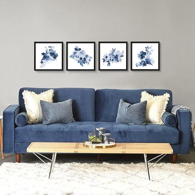 ArtbyHannah Framed Bathroom Wall Decor, Navy Blue Wall Art with Black Frame and Watercolor Floral Prints Pictures for Kitchen Bedroom Home Decorations (4 Pack, 10x10 Inch)