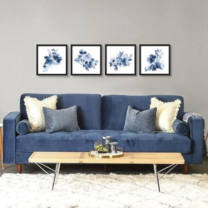 ArtbyHannah Framed Bathroom Wall Decor, Navy Blue Wall Art with Black Frame and Watercolor Floral Prints Pictures for Kitchen Bedroom Home Decorations (4 Pack, 10x10 Inch)