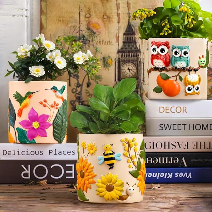 GUGUGO Colorful Hummingbird Plant Pots, Cute Unique Succulent Animal Planters with Drainage, Rainbow Small Flower Pots for Indoor Plants, Funny Eclectic Home Décor Gift for Plant Lovers, Orange