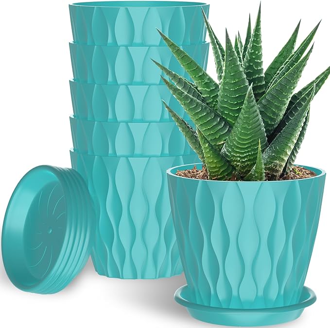6 Inch Plant Pots with Saucers, 6 Pack Indoor Flower Pots, Planters with Drainage Holes for Orchids, Violets, Succulents, Herbs, and Other Plants, White (Black-Green, 6inch)