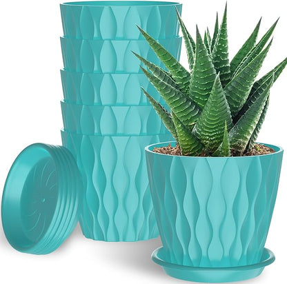 6 Inch Plant Pots with Saucers, 6 Pack Indoor Flower Pots, Planters with Drainage Holes for Orchids, Violets, Succulents, Herbs, and Other Plants, White (Black-Green, 6inch)