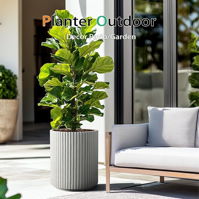 Round Concrete Planter Outdoor Indoor, Large Cement Plant Pots for Flowers (Vertical Gray, 12 inch)