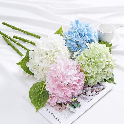 21" Real Touch Green Hydrangea Artificial Flowers with Long Stem & Leaves, Full Latex Faux Hydrangea Flowers for Home Decor Party Floral Arrangements Wedding Bouquets Centerpieces, 4Pcs
