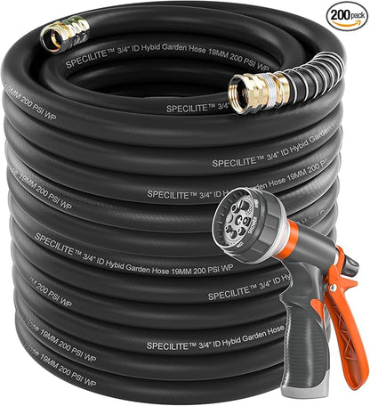 SPECILITE Garden Water Hose 200 ft x 3/4 in Heavy Duty, Flexible and Lightweight, Burst 600 psi, Kink-less Hybrid Rubber Pipe for Backyard, 3/4'' Brass Fittings, Black