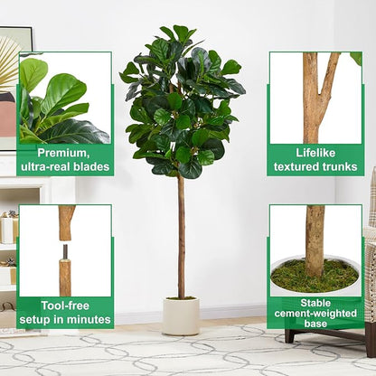 6FT Artificial Fiddle Leaf Fig Tree, Artificial Fig Tree Floor Plant with White Planter, Premium Silk Fake Plants for Living Room, Bedroom, Office, Home & Indoor Décor