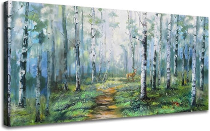 Enartly Birch Tree Wall Art for Living Room, Large Wall Decor Canvas Painting Green Forest Nature Picture Scenery Artwork Textured Framed for Bedroom Hallway Home Office Decoration 48"x24"