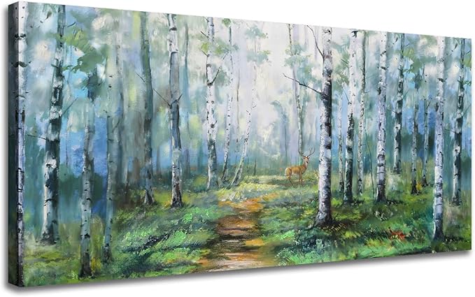 Enartly Birch Tree Wall Art for Living Room, Large Wall Decor Canvas Painting Green Forest Nature Picture Scenery Artwork Textured Framed for Bedroom Hallway Home Office Decoration 58"x29"