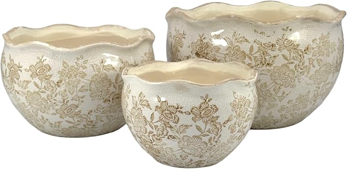 Galt International Ceramic Plant Pots Set of 3 Rustic Vintage Farmhouse Cream Crackle Glaze (11"/ 9.6"/ 7") Garden Indoor Outdoor Flower Planter w/Drainage Hole (Vintage Brown)
