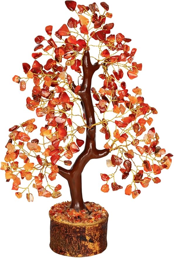 NARIBABU Carnelian Crystal Tree – 10-12 Inch Gemstone Tree with Golden Wire & Wooden Base – Healing Crystals Decor, Spiritual Gift, Gifts for Her, Birthday Gift for Women, Positive Energy Trees