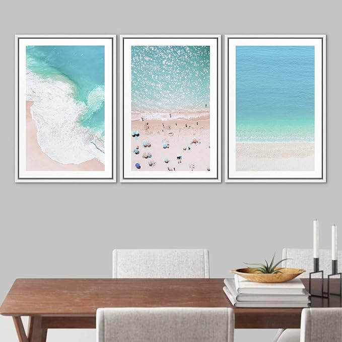 Ashbrook Framed Wall Art Print Set Aerial View Nautical Beach Ocean Wave View Nature Wilderness Photography Modern Art Scenic Colorful Chic for Living Room, Bedroom, Office - 16"x24"x3 White