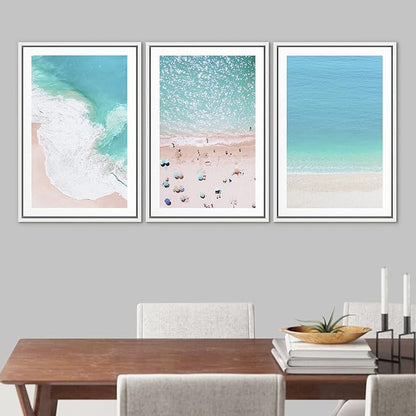 Ashbrook Framed Wall Art Print Set Aerial View Nautical Beach Ocean Wave View Nature Wilderness Photography Modern Art Scenic Colorful Chic for Living Room, Bedroom, Office - 16"x24"x3 White