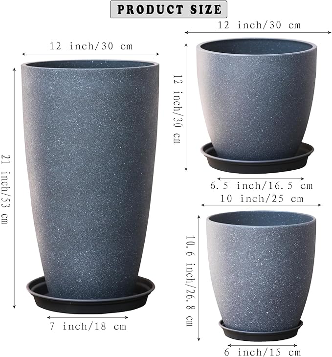 Garden Decorative Planters Plastic Tall Round Flower Pots with Drainage Hole & Saucer Cement Grey Surface Painting Robust & odourless, Modern Plant Pots for Porch Patio and All HousePlants Set of 3