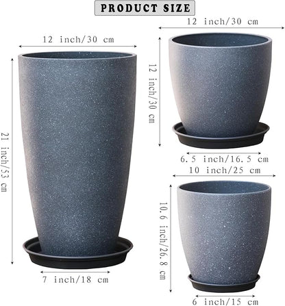 Garden Decorative Planters Plastic Tall Round Flower Pots with Drainage Hole & Saucer Cement Grey Surface Painting Robust & odourless, Modern Plant Pots for Porch Patio and All HousePlants Set of 3