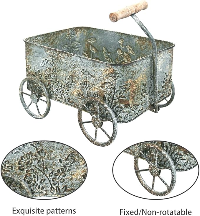 Flower Cart with Wooden Handles, Metal Wagon Planters for Outdoor Plants, Garden Planter with Wagon Wheels, Decorative Wheelbarrow, Plant Cart for Patio Garden Balcony (Blue)