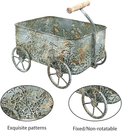 Flower Cart with Wooden Handles, Metal Wagon Planters for Outdoor Plants, Garden Planter with Wagon Wheels, Decorative Wheelbarrow, Plant Cart for Patio Garden Balcony (Blue)