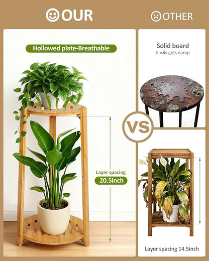 Bamboo Plant Stand Indoor,2 Tier Round Plant Shelf for Large Plants,Corner Flower Pot Stand,23.6'' Tall Plant Holder for Living Room Balcony Bedroom,Natural