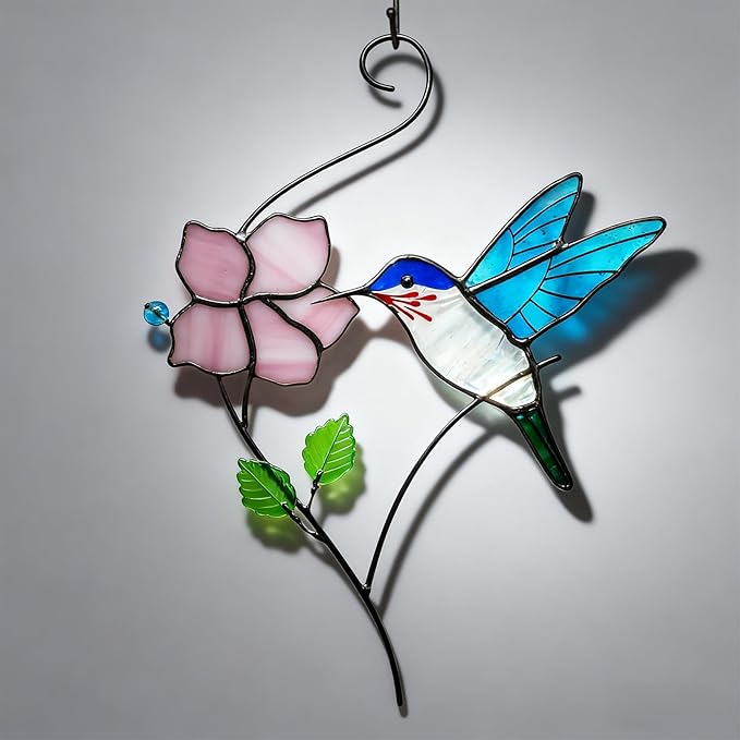 Stained Glass Window Hanging, Handcrafted Hummingbird with Flower Stained Glass Suncatcher for Home Indoor Window Art Decor,Hummingbird Gifts for Women,Mom,Bird Lovers