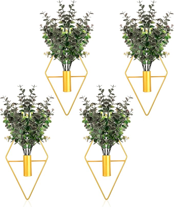 Wall Decor Hanging Planters with Artificial Plants, Modern Metal Wall Planter Set with Greenery Eucalyptus, Geometric Fake Plants for Gold Decor Living Room Aesthetic (4 Pcs)
