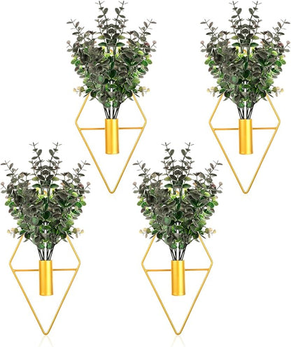 Wall Decor Hanging Planters with Artificial Plants, Modern Metal Wall Planter Set with Greenery Eucalyptus, Geometric Fake Plants for Gold Decor Living Room Aesthetic (4 Pcs)