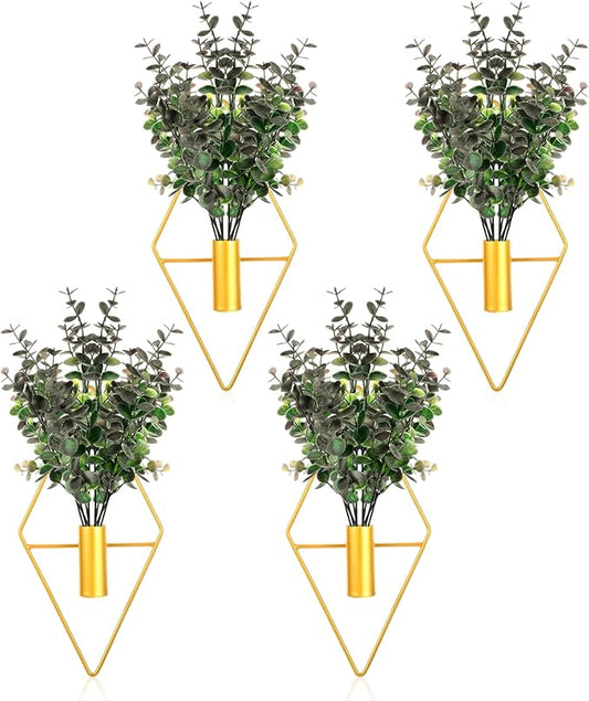 Wall Decor Hanging Planters with Artificial Plants, Modern Metal Wall Planter Set with Greenery Eucalyptus, Geometric Fake Plants for Gold Decor Living Room Aesthetic (4 Pcs)