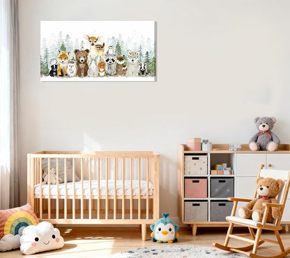 Woodland Animal Nursery Canvas Wall Art Watercolor Forest Baby Animal Painting Picture Nursery Wall Decor Fox Bear Deer Poster Print for Boys Room Girls Room Home Decoration 24 x 12 Frame